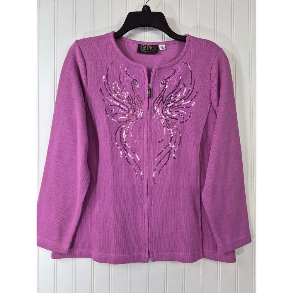 NWOT Bob Mackie Wearable Art Purple Sequin Phoenix Zip Front Cardigan Sweater M